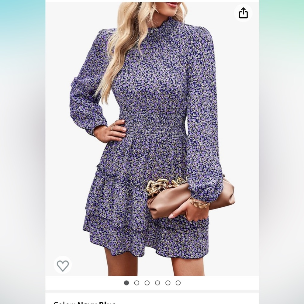 Chiffon tiered, cinched waist, long-sleeved dress. Mock neck. Purple, floral